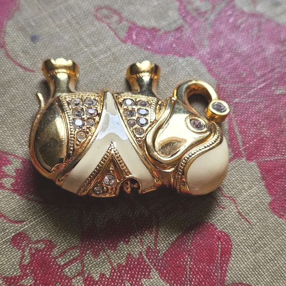 Vintage KJL for Avon Elephant Brooch Gold Tone Enamel Rhinestone Pendant Combo